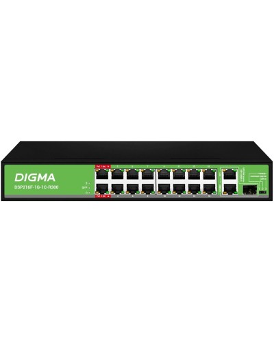 DSP216F-1G-1C-R300 (L2) 16х100Мбит/с 1х1Гбит/с 1хКомбо(1000BASE-T/SFP) 16PoE 16PoE+ 2PoE++ 300W. Коммутатор с питанием по PoE. Digma в Саратове
