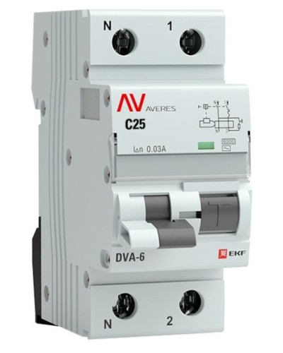 DVA-6 1P+N 25А (C) 30мА (AC) 6кА  AVERES (rcbo6-1pn-25C-30-ac-av). Автоматический выключатель дифференциального тока. EKF в Саратове