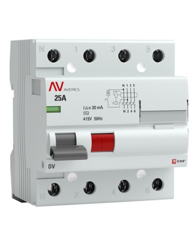 DV 4P 25А/ 30мА (AC)  AVERES (rccb-4-25-30-ac-av). Выключатели дифференциального тока (УЗО). EKF в Саратове