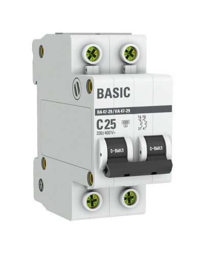 Автоматический выключатель 2P 25А (C) 4,5кА ВА 47-29 Basic (mcb4729-2-25C). Автоматический выключатель. EKF в Саратове