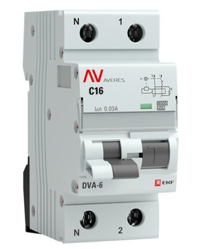 DVA-6 1P+N 16А (C) 30мА (A) 6кА  AVERES (rcbo6-1pn-16C-30-a-av). Автоматический выключатель дифференциального тока. EKF в Саратове