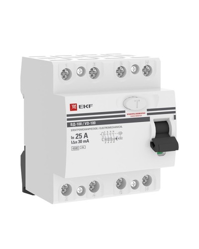 УЗО ВД-100 4P 25А 30мА тип AC эл-мех  PROxima (elcb-4-25-30-em-pro). Выключатель дифференциального тока (УЗО). EKF в Саратове
