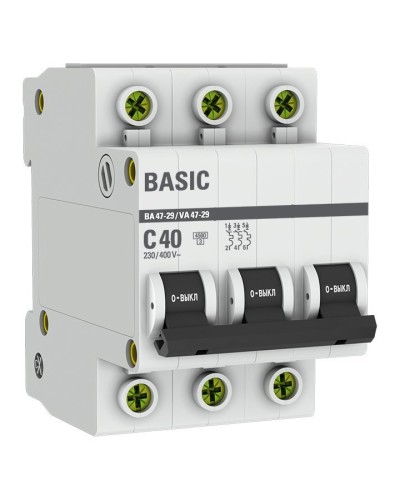 Автоматический выключатель 3P 40А (C) 4,5кА ВА 47-29 Basic (mcb4729-3-40C). Автоматический выключатель. EKF в Саратове