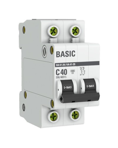 Автоматический выключатель 2P 40А (C) 4,5кА ВА 47-29 Basic (mcb4729-2-40C). Автоматический выключатель. EKF в Саратове