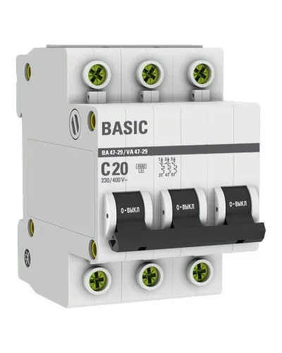 Автоматический выключатель 3P 20А (C) 4,5кА ВА 47-29 Basic (mcb4729-3-20C). Автоматический выключатель. EKF в Саратове
