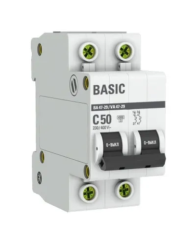 Автоматический выключатель 2P 50А (C) 4,5кА ВА 47-29 Basic (mcb4729-2-50C). Автоматический выключатель. EKF в Саратове