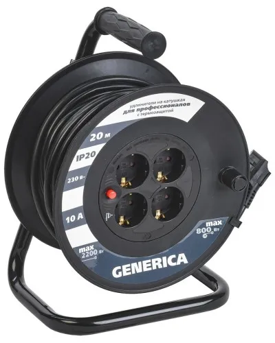 УК20 4 места 2P+PE, 20м GENERICA (WKP10-10-04-20-G). Удлинитель на катушке с термозащитой, 3х1,0кв.мм. IEK в Саратове