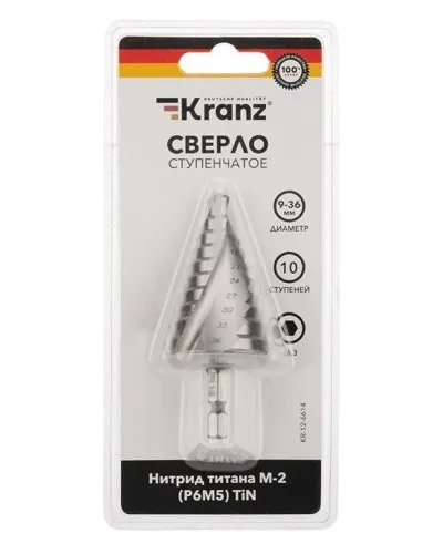 Сверло по металлу ступенчатое ТИТАН 9,0-36,0 мм 110 mm 65 HRC Р6М5 TiN Kranz (KR-12-6614): Сверло по металлу шлифованное в Саратове